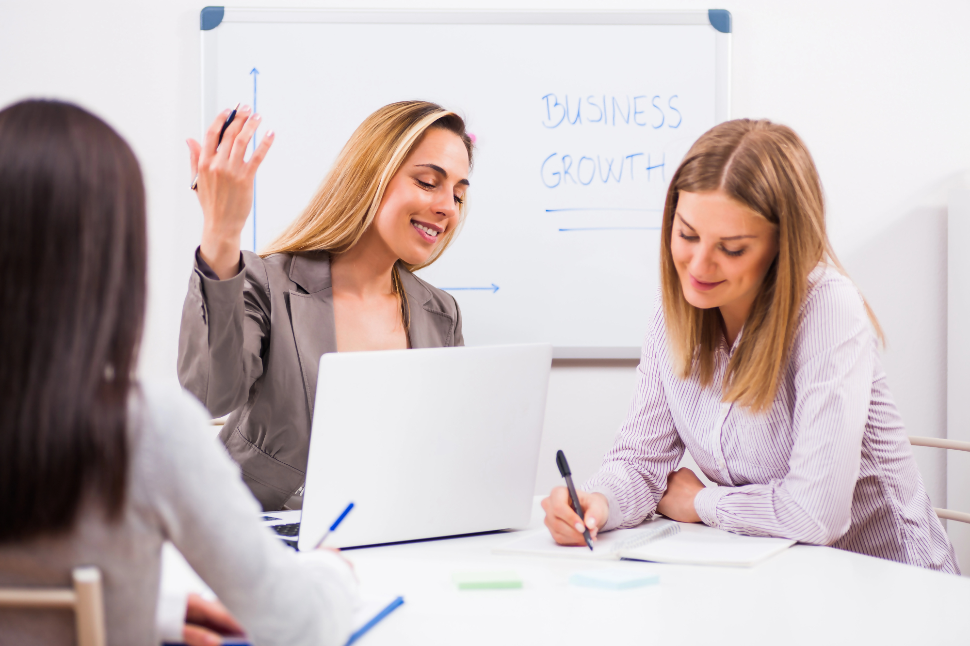 Spotkanie biznesowe trzech kobiet przy stole, prezentacja na białej tablicy z napisem "business growth", rozmowa i notatki dotyczące wykorzystania biometrii w rozwoju firmy.