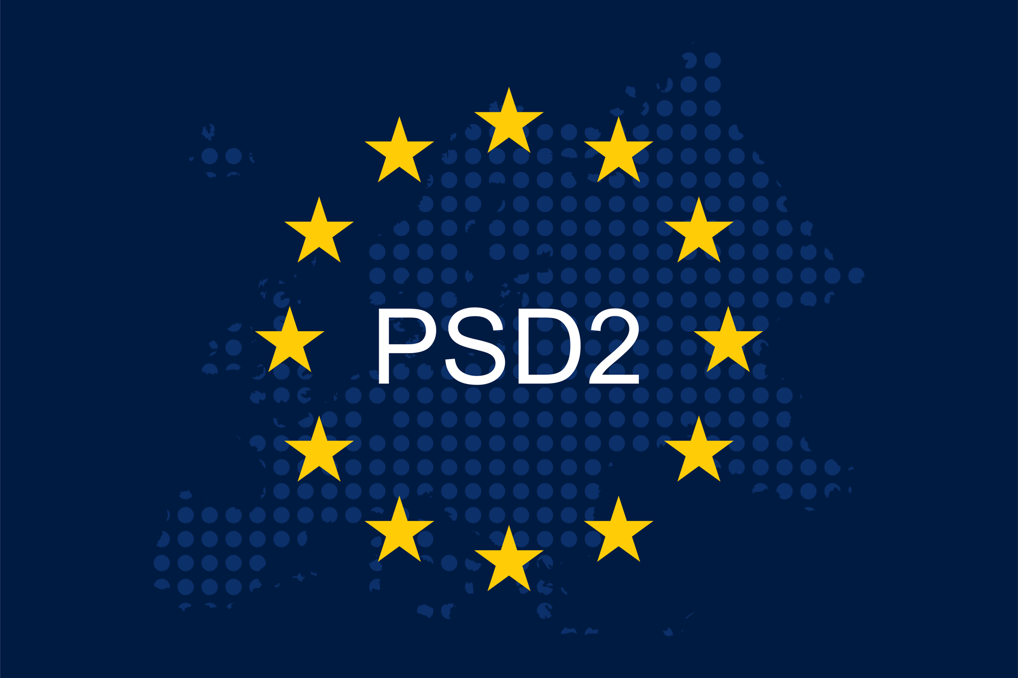 Dyrektywa PSD2 przedstawiona na tle mapy Europy z gwiazdami Unii Europejskiej, symbolizująca regulacje dotyczące płatności elektronicznych w UE.
