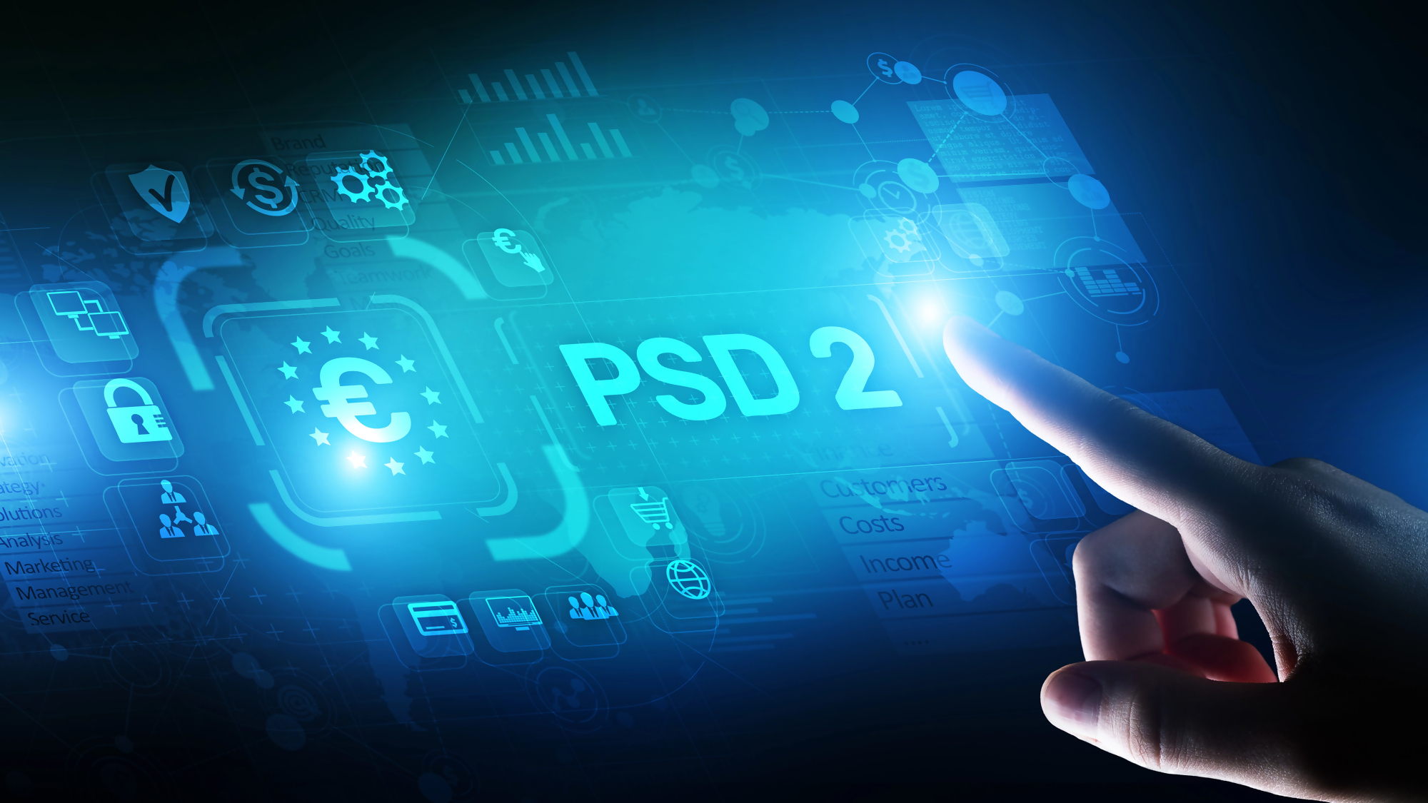 Grafika przedstawiająca ekran dotykowy z napisem "PSD 2" oraz symbolem euro, nawiązująca do tematyki finansowej i nowoczesnych technologii bankowych, ilustrująca wdrożenie dyrektywy PSD2 w sektorze usług płatniczych.