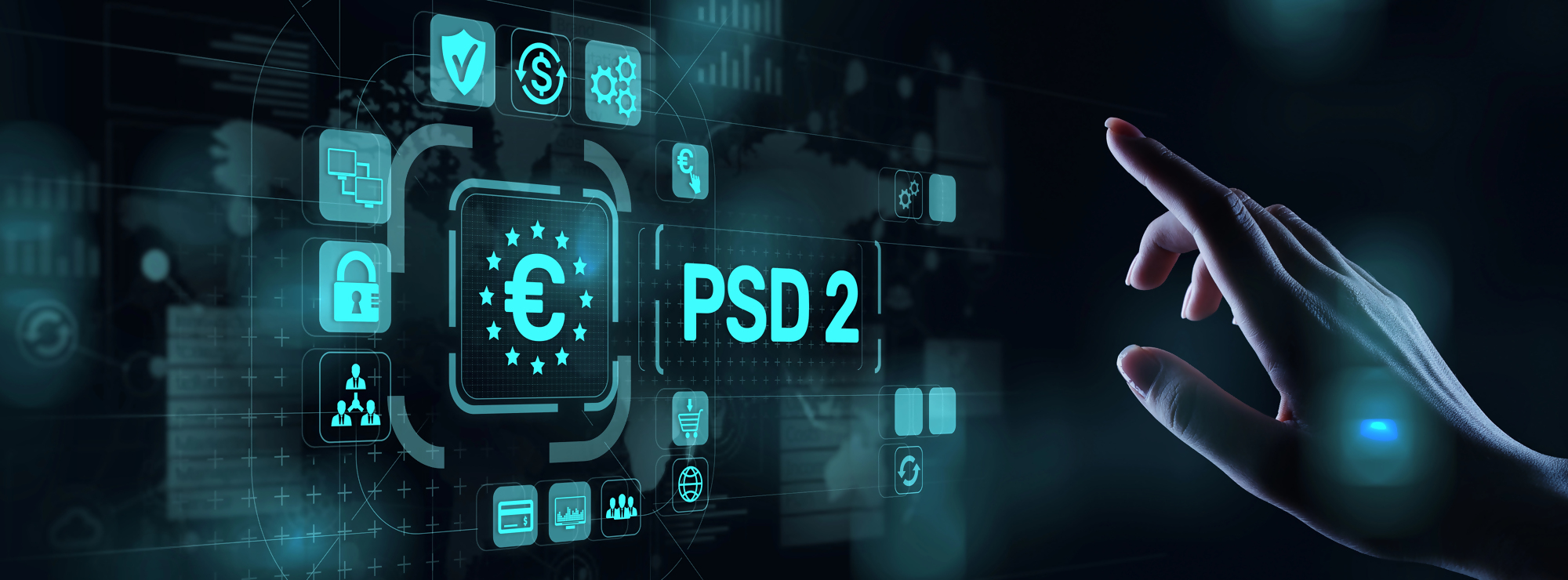 Dyrektywa PSD2 – grafika przedstawiająca nowoczesny interfejs cyfrowy z ikonami bezpieczeństwa i bankowości elektronicznej, symbolizująca europejskie regulacje płatnicze oraz bezpieczeństwo transakcji online.