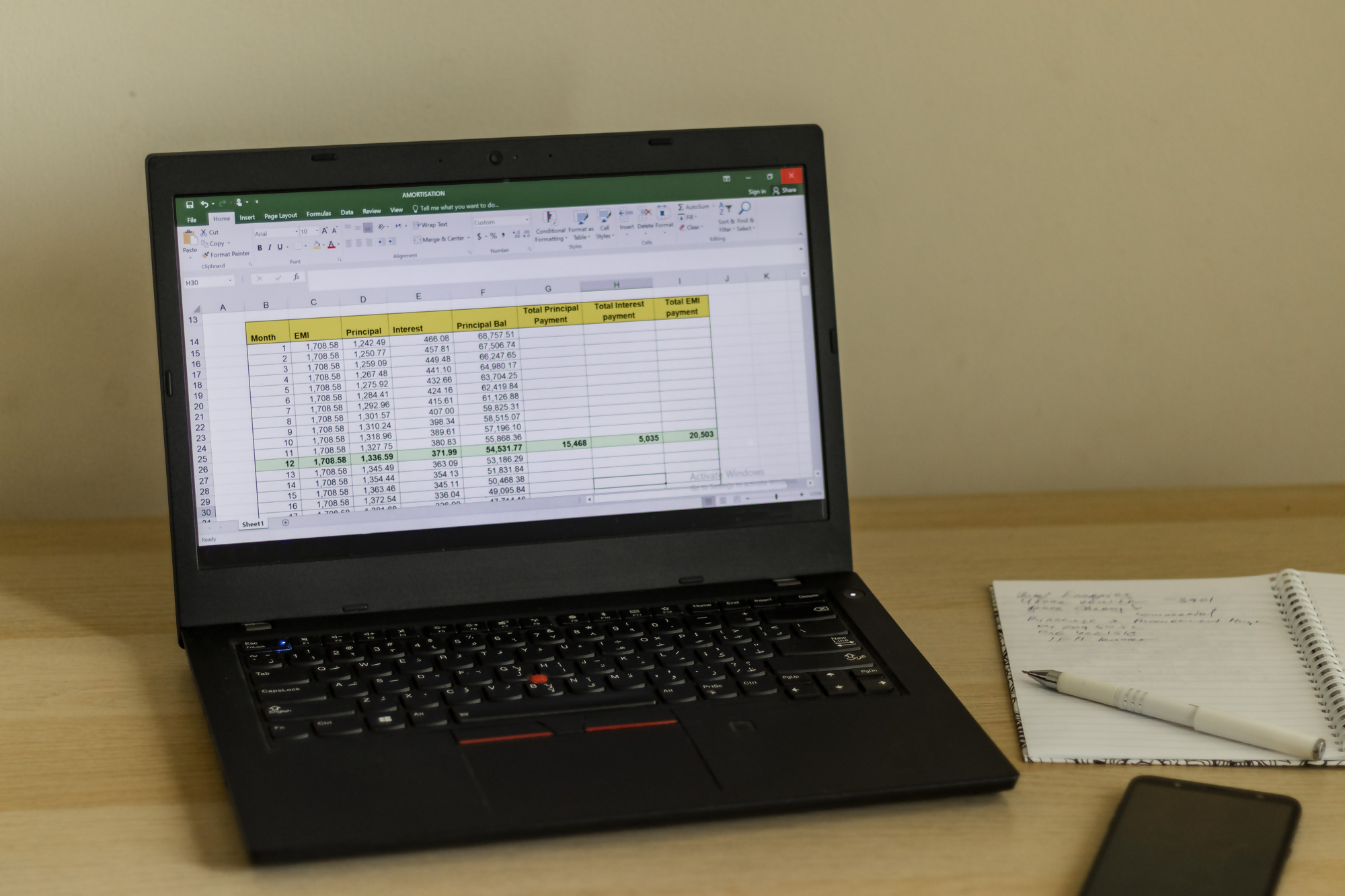Laptop z arkuszem kalkulacyjnym Excel wyświetlającym tabelę finansową na biurku, obok leży notes i długopis. Obrazek ilustruje analizę produktów finansowych, takich jak lokata z funduszem co to oraz przykłady obliczeń inwestycyjnych.