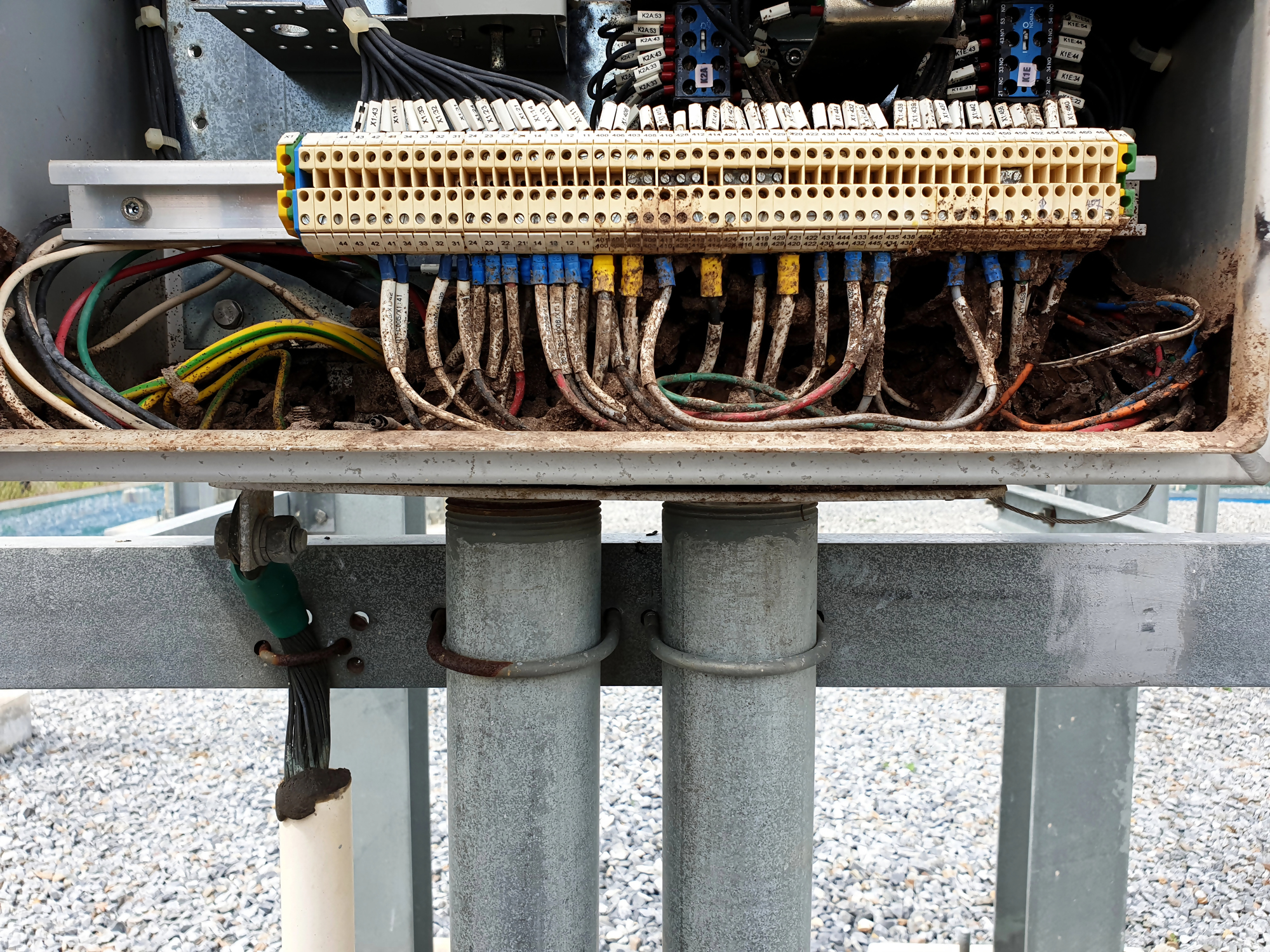 Brak odbioru domu a kredyt hipoteczny – obraz przedstawia nieprawidłowo wykonaną, zabrudzoną instalację elektryczną w skrzynce przyłączeniowej, co może być powodem opóźnienia odbioru technicznego domu i problemów z uzyskaniem kredytu hipotecznego.