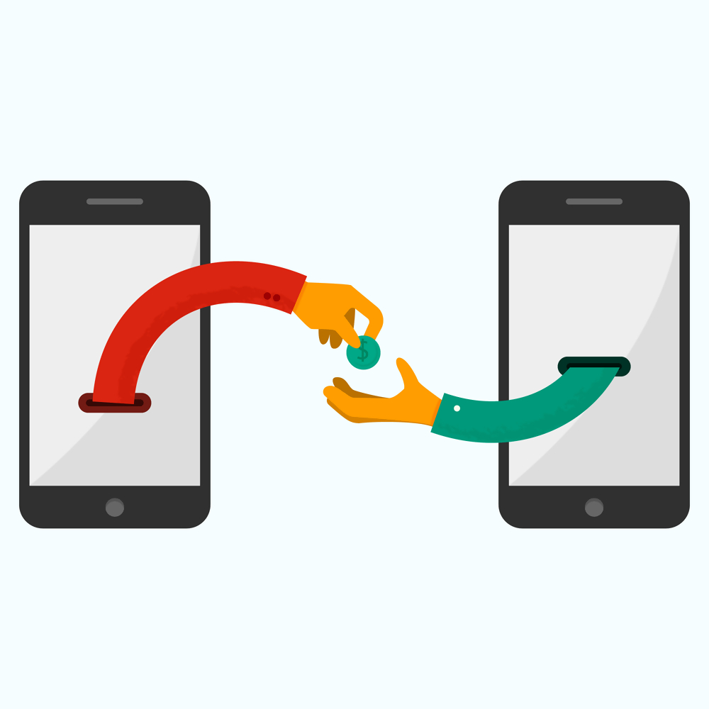 Ilustracja przedstawiająca transfer pieniędzy online między dwoma smartfonami, symbolizująca płatności mobilne i przelewy internetowe.