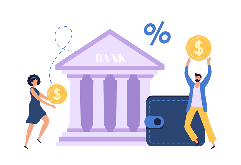 Ilustracja przedstawiająca bank, procent, portfel oraz dwie osoby z dużymi monetami, koncepcja bankowości i finansów.